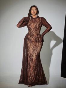 Viva Relle Plus Size Lace Patchwork Long Sleeve Elegant Dress - Coffee Brown - View 3