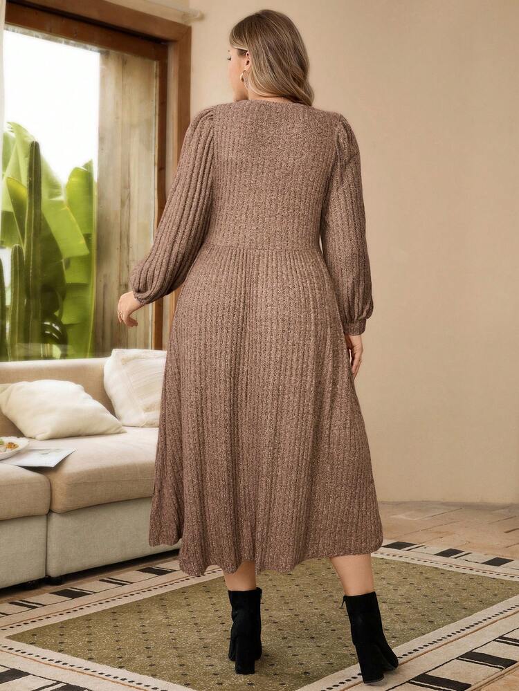 Plus Solid Lantern Red With Sleeves Sleeve Ribbed Knit Winter Dress