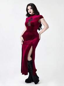 ROMWE Goth 大码女式哥特吸血鬼紧身古埃及十字架镂空高开衩连衣裙 - 酒紅色 - 查看 6
