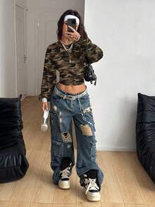 Coolane 女士休闲简约迷彩印花长袖短款卫衣 - 彩色 - 查看 5