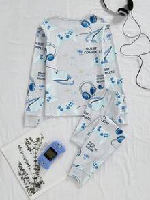2pcs/Set Tween Boys' Video Game Print Casual Comfortable Ribbed Snug Fit Long Loungewear Set - Grey - View 2