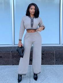 Alexandranx Costum de casă lejer din lână pentru femei, costum de casă confortabil, costum de leisure, set de două piese, seturi de casă pentru femei, 2 piese, seturi de lounge, pantaloni pentru femei, set de două piese, maro, set confortabil de două piese, set de pulover, ținute de toamnă și iarnă, set de două piese, pantaloni, set tricotat, set bej, două piese - Kaki - Vizualizare 1