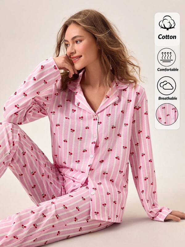 Loomlin Ensemble pyjama 2 pièces en coton pour femmes avec haut à manches longues et pantalon avec détails de boutons, motifs rayures et motifs gais