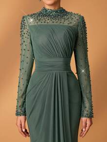 Aureia Elegant Luxurious Diamond Design Sheer Long Sleeve Ruched Mermaid Dress,Suitable For Weddings,Parties,Bridal,Mother Of The Bride,Evening Gowns - Green - View 5