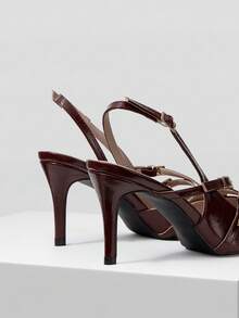 Mnmlis Sapatos de Salto Femininos Elegantes e da Moda com Bico Fino e Fivela Ajustável, Adequados para Trabalho e Transporte - Vinho - Visão 3