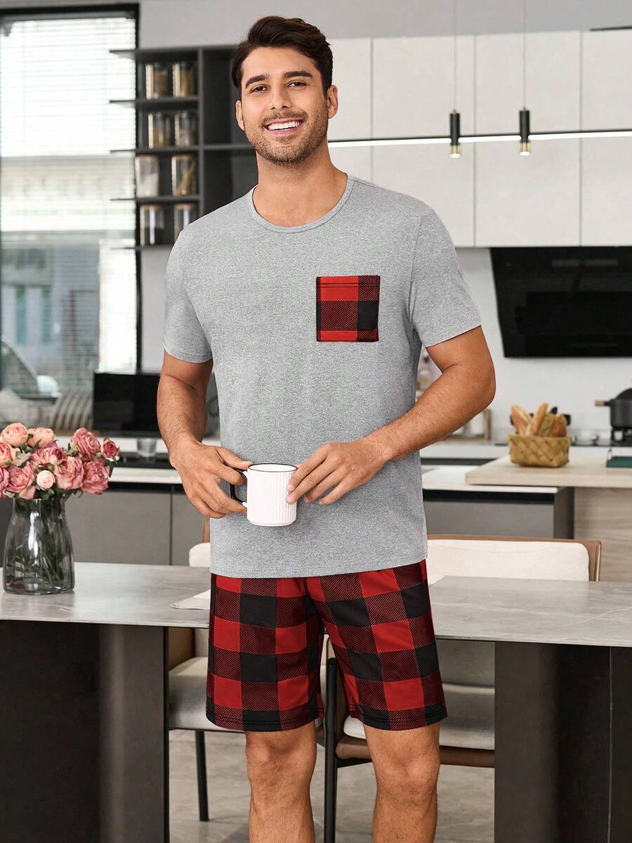 SHEIN Plaid Print Men's 2-Piece Pajama Set - Light Grey - View 1
