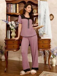 Côtesoire Conjunto de pijama francês casual com detalhes em renda e mangas curtas - Rosa - Ver 6
