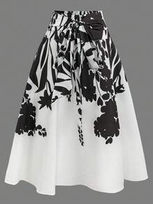 EMERY ROSE Women's Elegant Floral Print Belted A-Line Skirt, Autumn - Black and White - View 3