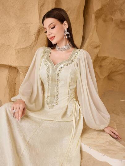 SHEIN Najma فستان أنيق للنساء بأكمام فانوس وطباعة زهور ملونة مع خصر مربوط بأسلوب عتيق وأنيق