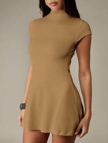 MISSGUIDED Ribbed Knit Mini Dress With Crew Neckline Short Sleeves Fitted Bodycon Style Fall Winter Casual Wardrobe Essential - Beige - View 4