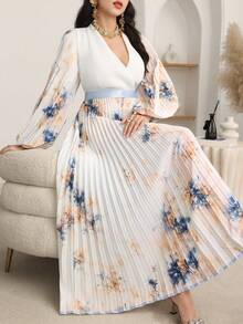 Al Najma Vestido Longo de Manga Comprida com Decote em V e Estampa Floral em Estilo Árabe para Mulheres