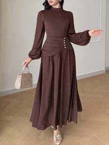 Feyla Women's Elegant Solid Color Long Sleeve Dress - Rust Brown - View 5