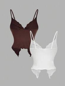 SHEIN MOD 女士纯色扭纹设计开摆性感吊带背心 - 棕色 - 查看 2