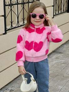 Elladie kids Young Girls' Sweet And Cute Heart-Shape Fluffy Zipper Jacket For Daily Casual And Outdoors, Spring Autumn Winter - Pink - View 5