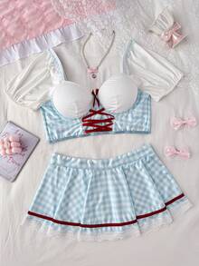 2pcs Printed Lace Patchwork Lingerie Set
