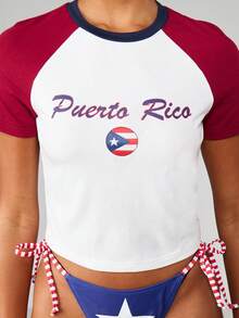 MISSGUIDED Puerto Rico Flag Print Raglan Baseball Tee Short Sleeve Crew Neck Cropped Cotton T-Shirt Summer Patriotic Casual Top - Multicolor - View 4
