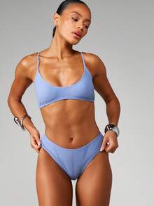 MISSGUIDED Tanga Bikini Bottom High Cut Triangle Style Swimwear Low Rise Beach Pool Summer Vacation Swim Bottom - Blue - View 1