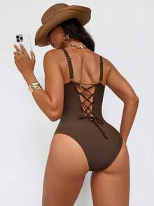 Shapewave 1pc Brown Metal Buckle One-Piece Tummy Control Pushup Backless Slimming Swimsuit For Women - Brown - View 4