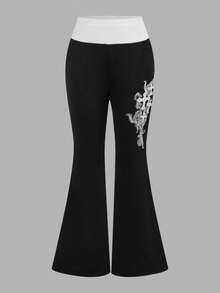 SHEIN 少女复古风街头服饰 Y2K Grunge 印花弹力翻边裤黑色直筒裤 - 黑色 - 查看 5