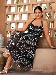 Swim Oasis Completo da donna taglie forti, stampa a pois casuale bianco e nero, moda vacanza e casual, gonna lunga in rete con stampa a pois abbinata a bikini, outfit di alta qualità - nero - Visualizzare 6