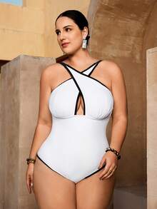 Swim Oasis Bộ đồ bơi liền thân khoét lỗ chữ thập cỡ lớn dành cho nữ kèm áo choàng và váy - Màu be - Xem 3