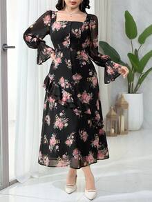 Modelyn Women's Floral Print Square Neck Flare Sleeve Single-Breasted Elegant Ruffle Hem Dress - Black - View 5