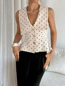 Siren Gaze 女士时尚度假休闲波点印花无袖衬衫 - 卡其色 - 查看 5