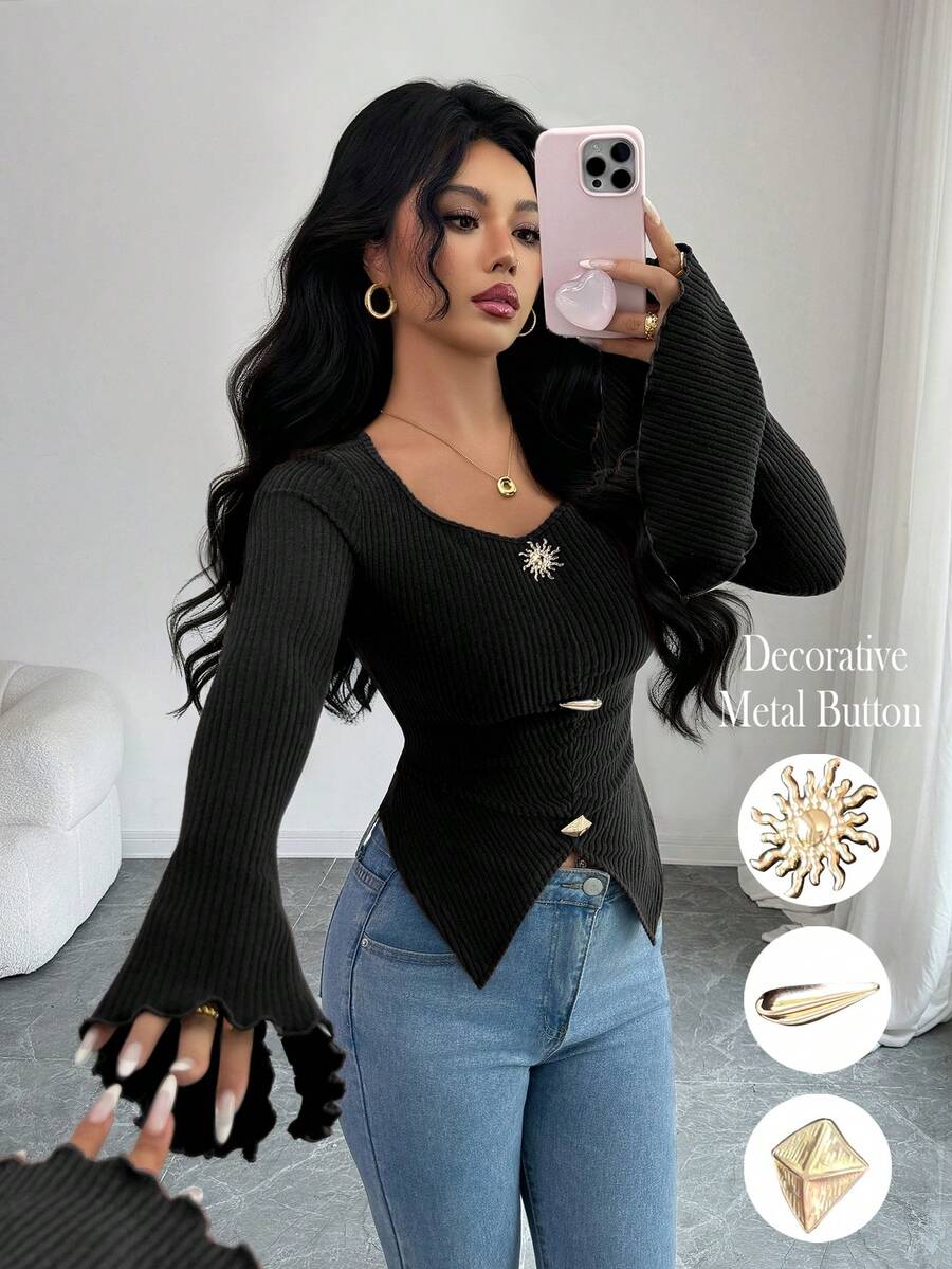 SHEIN Elenzya Áo thun tay dài màu trơn đơn giản thanh lịch, vừa vặn, trang trí kim loại bất đối xứng, viền nút, thiết kế xẻ tà, tay loe, đơn giản dành cho nữ, thời trang thu đông - màu đen - Xem 1