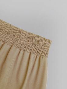 Sweetra 大码女式高腰三粒扣前褶阔腿裤 - 卡其色 - 查看 4