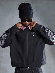 ROMWE MEN Street Life Men's Floral Embroidery Pattern Turndown Collar Zip Front Long Sleeve Denim Jacket - Black - View 6