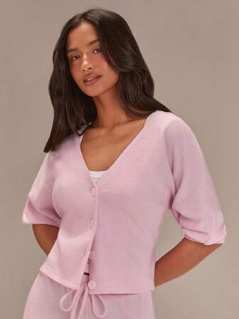 Athîral Women's Casual Pink Batwing Sleeve Short-Sleeved Single-Breasted Cardigan, Fitted Waist,Comfortable And Soft Knit Fabric, Puff Sleeve Pink Cardigan,Christmas Outfit Women,New Year Outfit,Casual Outfit For Women,Pink Top,Vacation Outfits For Women,Valentine's Day Outfit,Outerwear And Loungewear