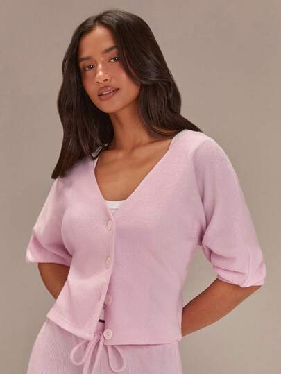 Athîral Women's Casual Pink Batwing Sleeve Short-Sleeved Single-Breasted Cardigan, Fitted Waist,Comfortable And Soft Knit Fabric, Puff Sleeve Pink Cardigan,Christmas Women,New Year,Casual For Women,Pink Top,Vacations For Women,Valentine's Day,Outerwear And Loungewear, Summer Tops Women Knit Tops, Summer Cardigans For Women,Valentines For Women,Summers For Women