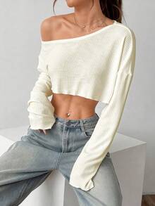 Flirla 时尚性感纯色不对称露肩短款上衣 - 米色 - 查看 4