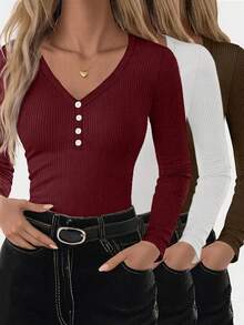 INAWLY Women's Plus Size V-Neck Ribbed Button Decor Daily Versatile Long Sleeve T-Shirt - Multicolor - View 1