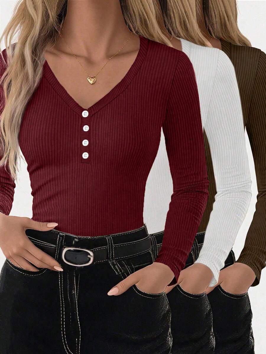 INAWLY Women's Plus Size V-Neck Ribbed Button Decor Daily Versatile Long Sleeve T-Shirt - Multicolor - View 1