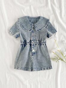 SHEIN Vintaside Kids Bộ áo liền quần denim phong cách đồng quê cho bé gái, trang phục thường ngày dễ thương và ngọt ngào! Chất liệu denim xanh cổ điển, mềm mại, cổ áo có ve và thiết kế mở phía trước, cùng với eo chun co giãn dễ mặc, ống quần thẳng tạo dáng thon gọn. Thích hợp cho những buổi đi chơi hàng ngày, những chuyến đi cuối tuần, kỳ nghỉ, giúp bé gái luôn sành điệu và năng động mỗi ngày! - Rửa nhẹ - Xem 3