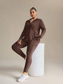 SHEIN Rhythm Era 女士加大码立领拉链长袖上衣和打底裤休闲日常户外运动套装 - 咖啡棕 - 查看 5