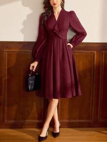 Vintamour 复古优雅女士连衣裙，带口袋和扭结细节，长袖，休闲通勤，适合度假、冬季穿着，也可作为女士冬季连衣裙、圣诞服装、圣诞套装、新年服装、感恩节套装、优雅连衣裙等。 - 酒紅色 - 查看 7