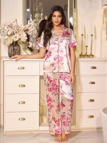 LuxeNights 女士印花口袋前扣短袖睡衣套装 - 黃色 - 查看 6