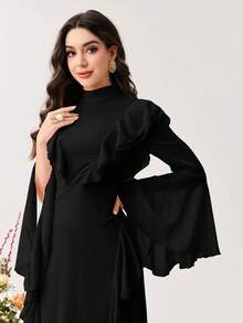 Modelyn Ruffle Flare Sleeve Long Fitted Dress For Women - Black - View 6