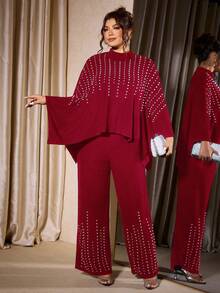 Allurite 大码女装两件套，长袖上衣和长裤，针织高弹条纹面料，保暖舒适，亲肤透气，适合秋冬季节穿着，优雅百搭，适合下午茶、时尚外出、朋友聚会、新年派对、感恩节等场合，黑色大码两件套 - 紅色 - 查看 5