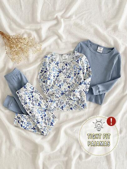4 piezas Conjunto de ropa de dormir suave y cómoda para niñas, con ajuste ceñido, para otoño/invierno, con estampado digital de hojas y flores, top de cuello redondo de manga larga y pantalones, ropa de estar por casa casual