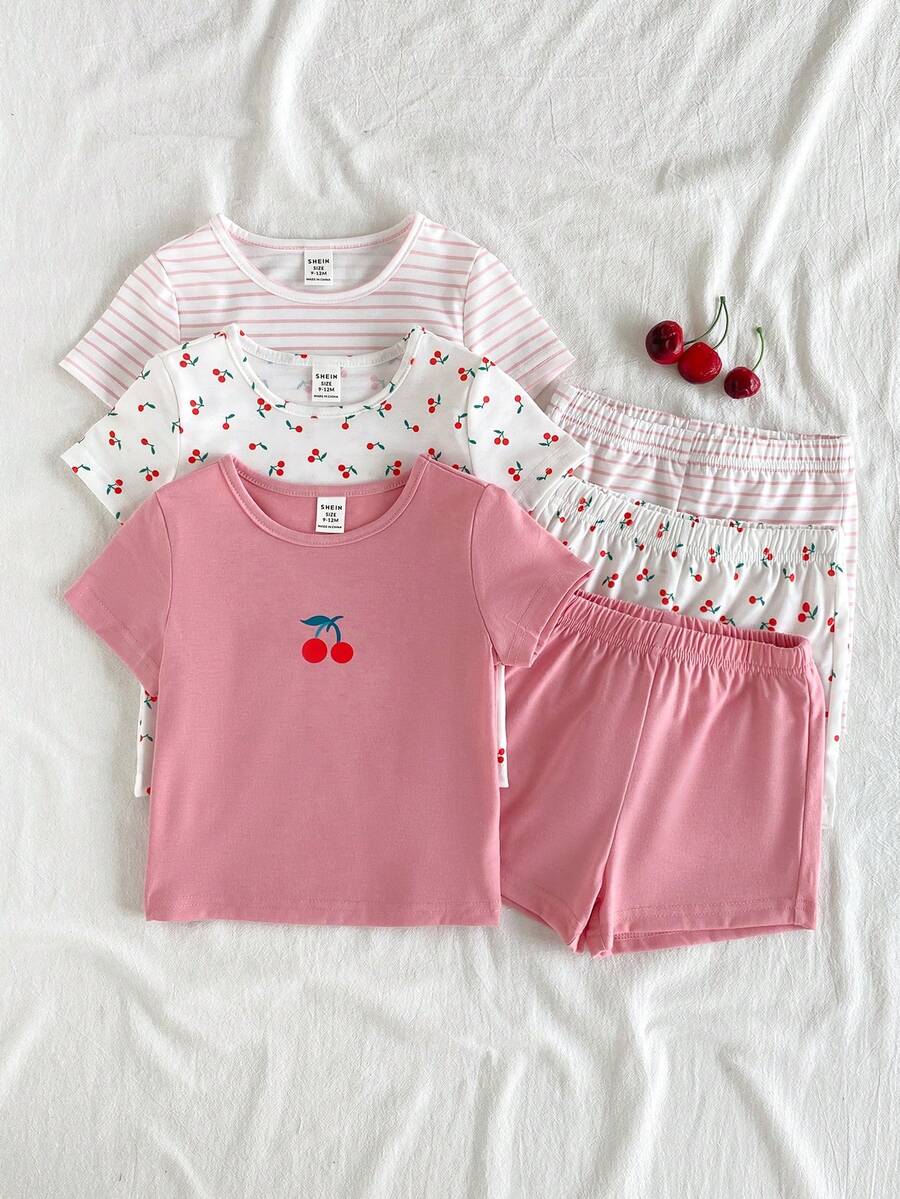 SHEIN Vintaside Kids 6件套女婴新生儿幼儿0-3岁春夏新款可爱兔子纯色条纹T恤短裤套装 - 粉色 - 查看 1