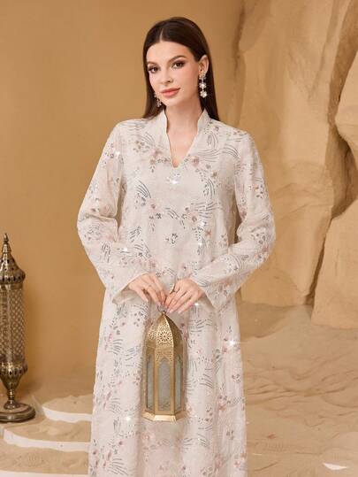 Layrah 女士新款奢华串珠网纱拼接亮片刺绣水晶薄纱双层V领纹理花卉亮片刺绣纹理面料阿拉伯风格连衣裙