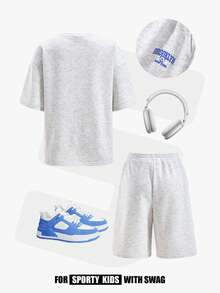 JNSQ Tween Boys 2pcs Set: Loose Fit Crew Neck Graphic Letter Print Short Sleeve Sweatshirt Top And Relaxed Fit Shorts, Suitable For Spring/Summer Outdoor Activities, Casual, Vacation, Streetwear - Light Grey - View 2