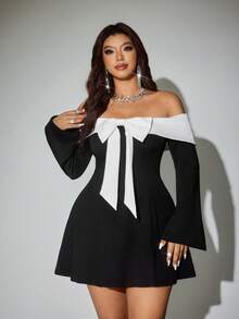 Viva Relle Đầm trễ vai tay dài thời trang họa tiết nơ cỡ lớn cho nữ - Đen và trắng - Xem 5