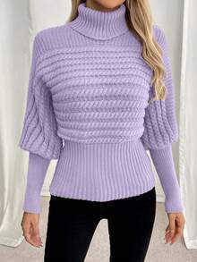 EMERY ROSE Áo len chui đầu cổ lọ dệt kim cáp dáng rộng sang trọng cỡ lớn ôm vừa vặn - Màu tím hoa cà - Xem 4