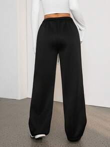 SHEIN PETITE 休闲运动风小马图案女式秋冬宽松抽绳腰运动裤，适合上学季和日常穿着，学院风 - 黑色 - 查看 3