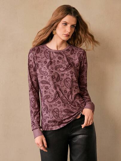 Florisole 女士休闲腰果印花圆领长袖T恤，适合春秋季穿着