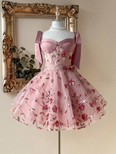 Lovelzi Elegant Romantic Cute Lotus Pink Spaghetti Strap/Shoulder Dress With Bowknot Shoulder Straps, Luxurious 3D Floral Sequins Embroidered Waist, See-Through Fishbone Tape A-Line Puff Skirt, Suitable For Graduation, Wedding, Birthday, Party, Prom, Evening Gown